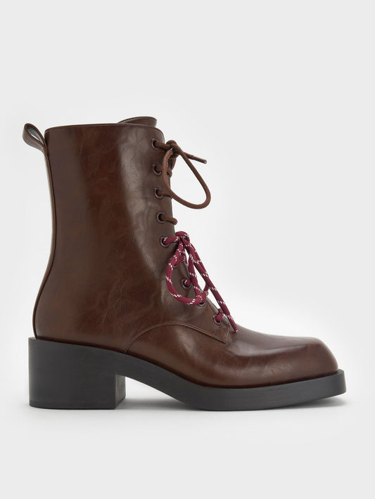 Logan Double-Lace Calf Boots - Dark Brown | CHARLES & KEITH