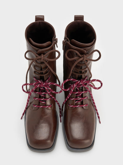Logan Double-Lace Calf Boots - Dark Brown | CHARLES & KEITH