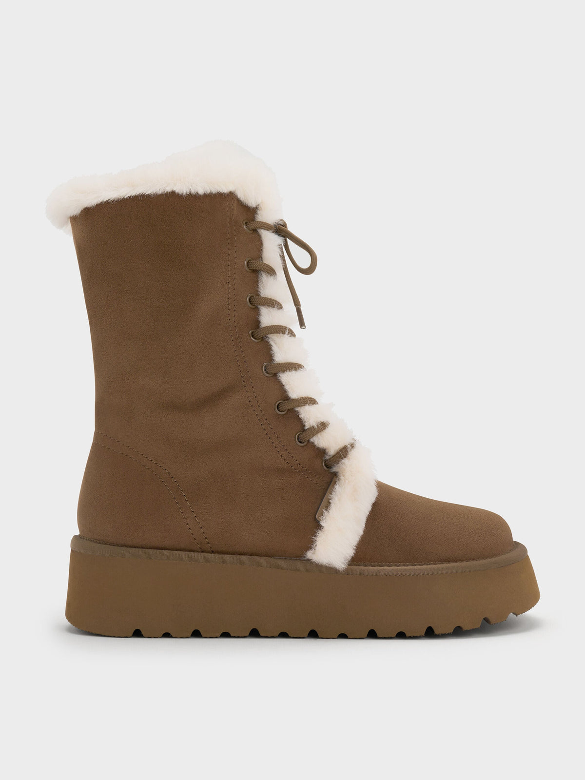 Faux Suede & Faux Fur Flatform Boots - Brown | CHARLES & KEITH