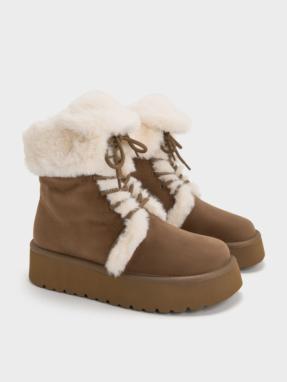 Faux Suede & Faux Fur Flatform Boots - Brown | CHARLES & KEITH