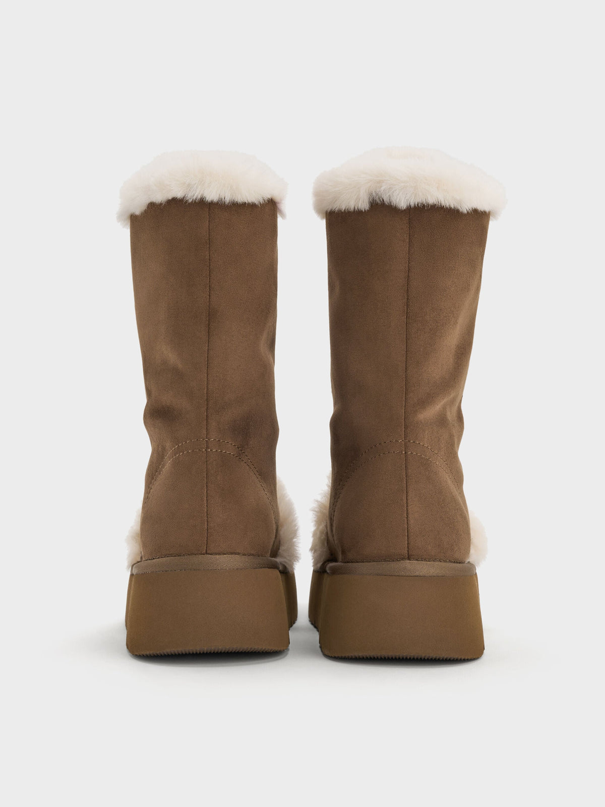 Faux Suede & Faux Fur Flatform Boots - Brown | CHARLES & KEITH