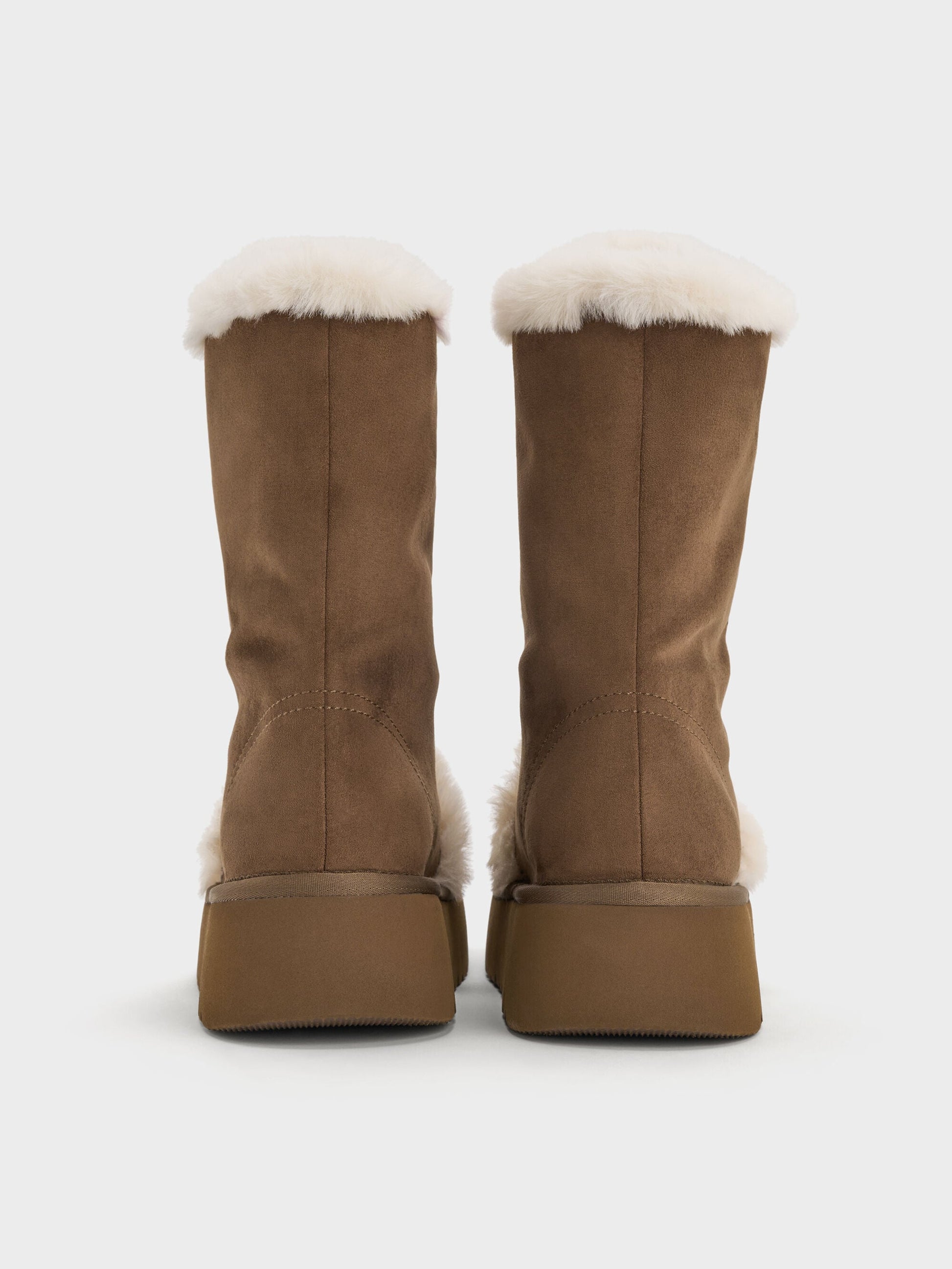Faux Suede & Faux Fur Flatform Boots - Brown | CHARLES & KEITH