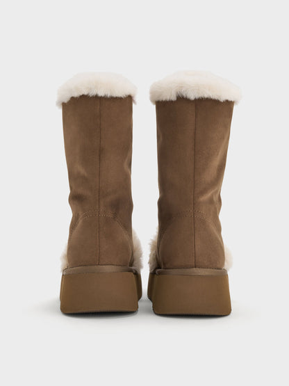 Faux Suede & Faux Fur Flatform Boots - Brown | CHARLES & KEITH