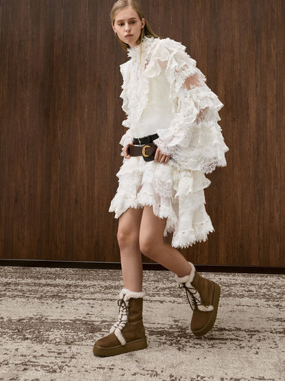 Faux Suede & Faux Fur Flatform Boots - Brown | CHARLES & KEITH