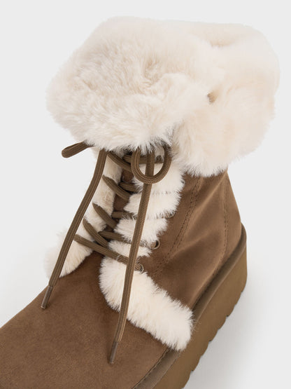 Faux Suede & Faux Fur Flatform Boots - Brown | CHARLES & KEITH