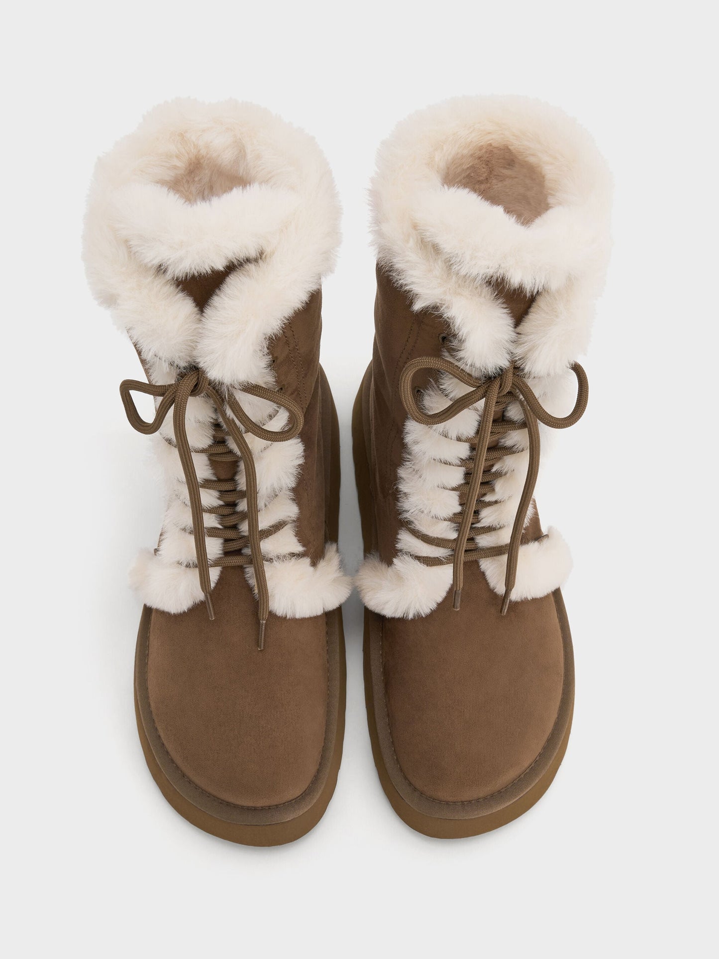 Faux Suede & Faux Fur Flatform Boots - Brown | CHARLES & KEITH