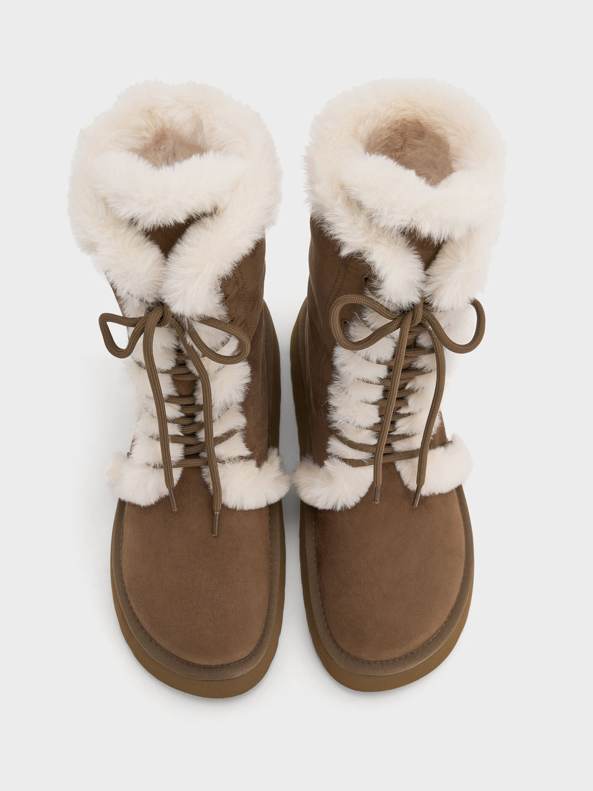 Faux Suede & Faux Fur Flatform Boots - Brown | CHARLES & KEITH