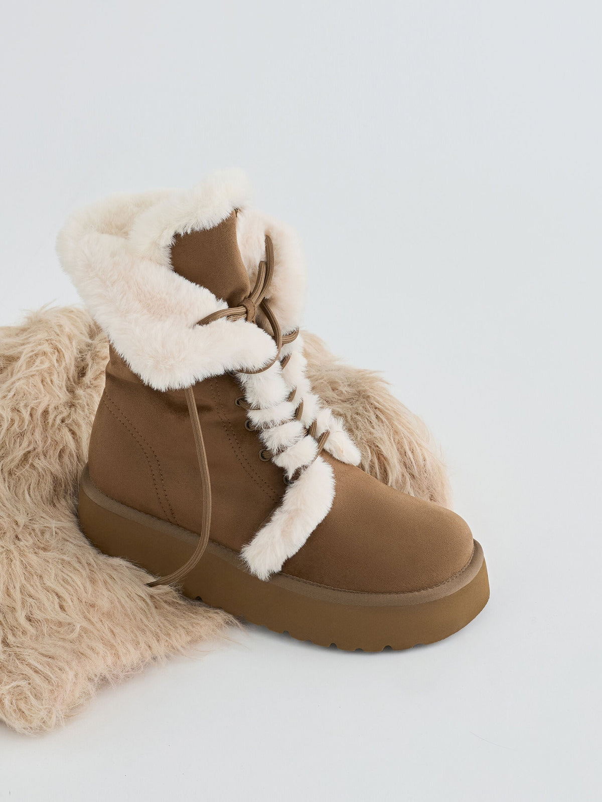 Faux Suede & Faux Fur Flatform Boots - Brown | CHARLES & KEITH