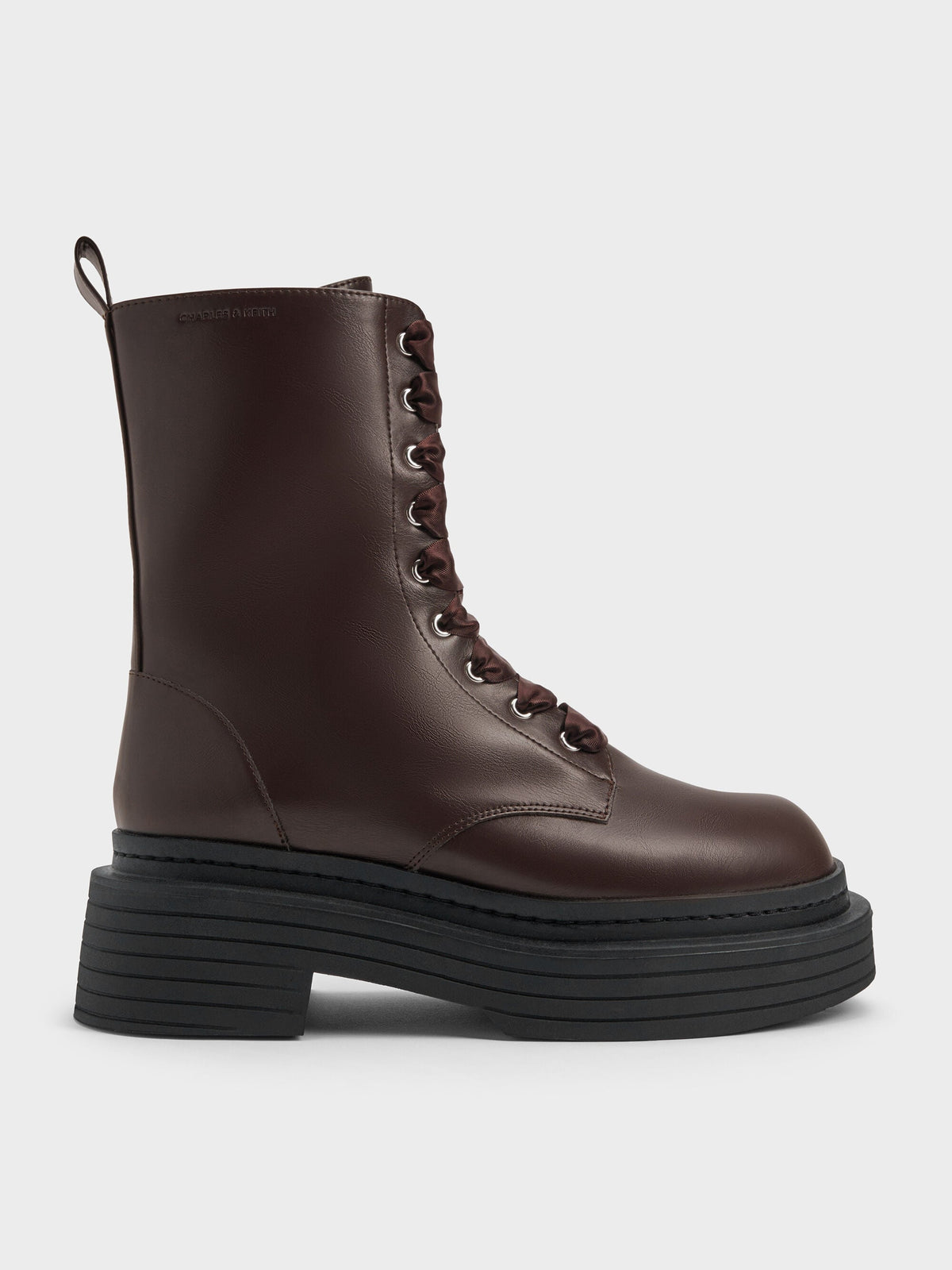 Satin-Lace Platform Combat Boots - Dark Brown | CHARLES & KEITH