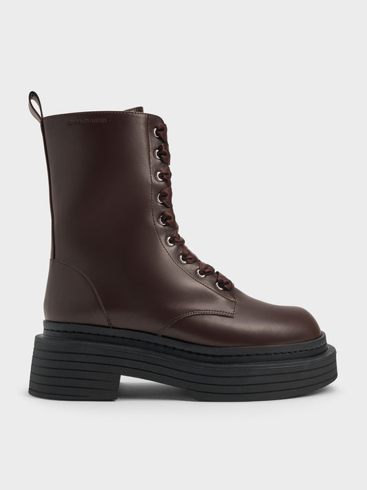 Satin-Lace Platform Combat Boots - Dark Brown | CHARLES & KEITH