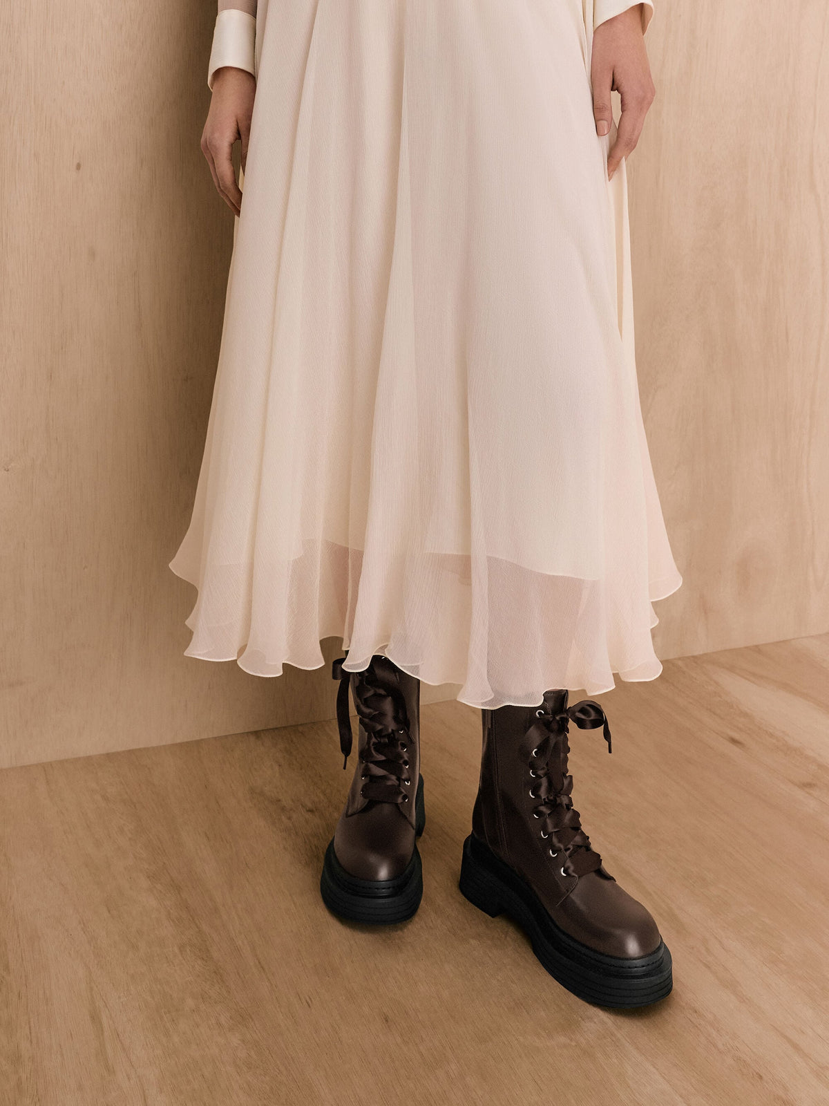 Satin-Lace Platform Combat Boots - Dark Brown | CHARLES & KEITH