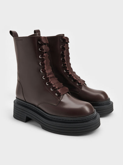 Satin-Lace Platform Combat Boots - Dark Brown | CHARLES & KEITH