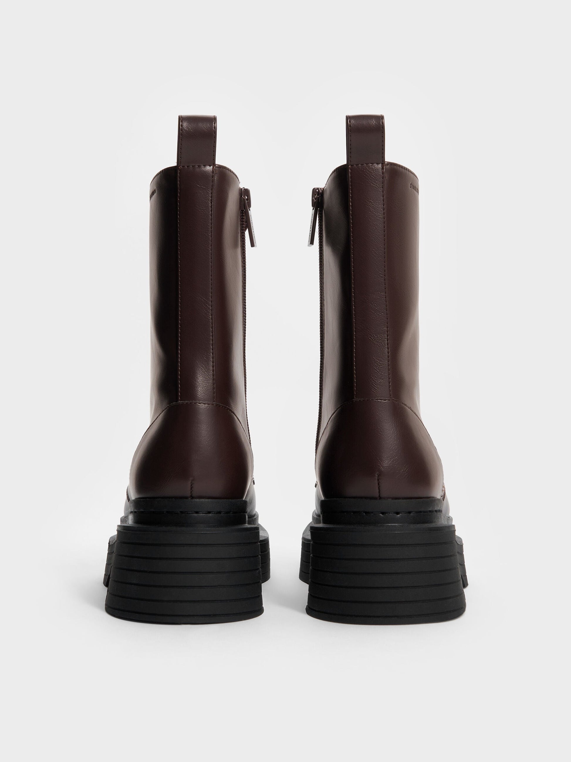 Satin-Lace Platform Combat Boots - Dark Brown | CHARLES & KEITH
