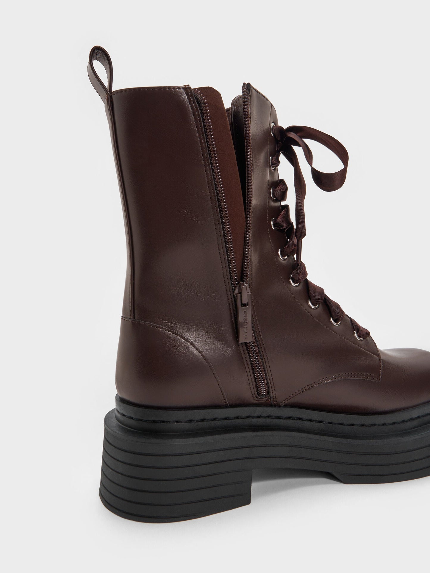 Satin-Lace Platform Combat Boots - Dark Brown | CHARLES & KEITH