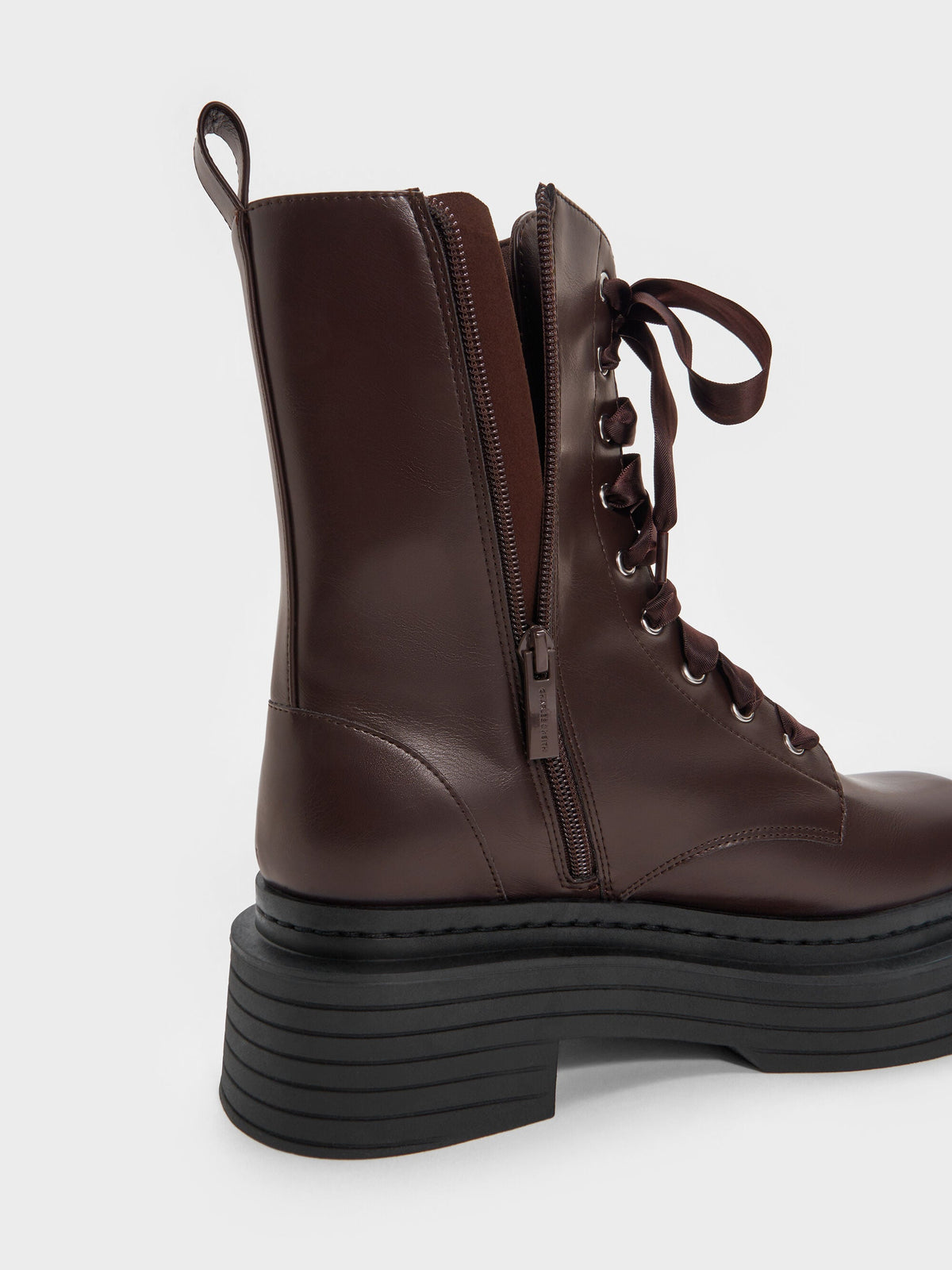 Satin-Lace Platform Combat Boots - Dark Brown | CHARLES & KEITH
