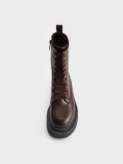 Satin-Lace Platform Combat Boots - Dark Brown | CHARLES & KEITH