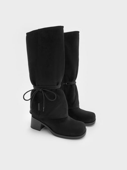 Faux Suede Tie-Around Knee-High Boots - Black Textured | CHARLES & KEITH
