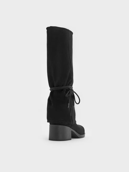 Faux Suede Tie-Around Knee-High Boots - Black Textured | CHARLES & KEITH