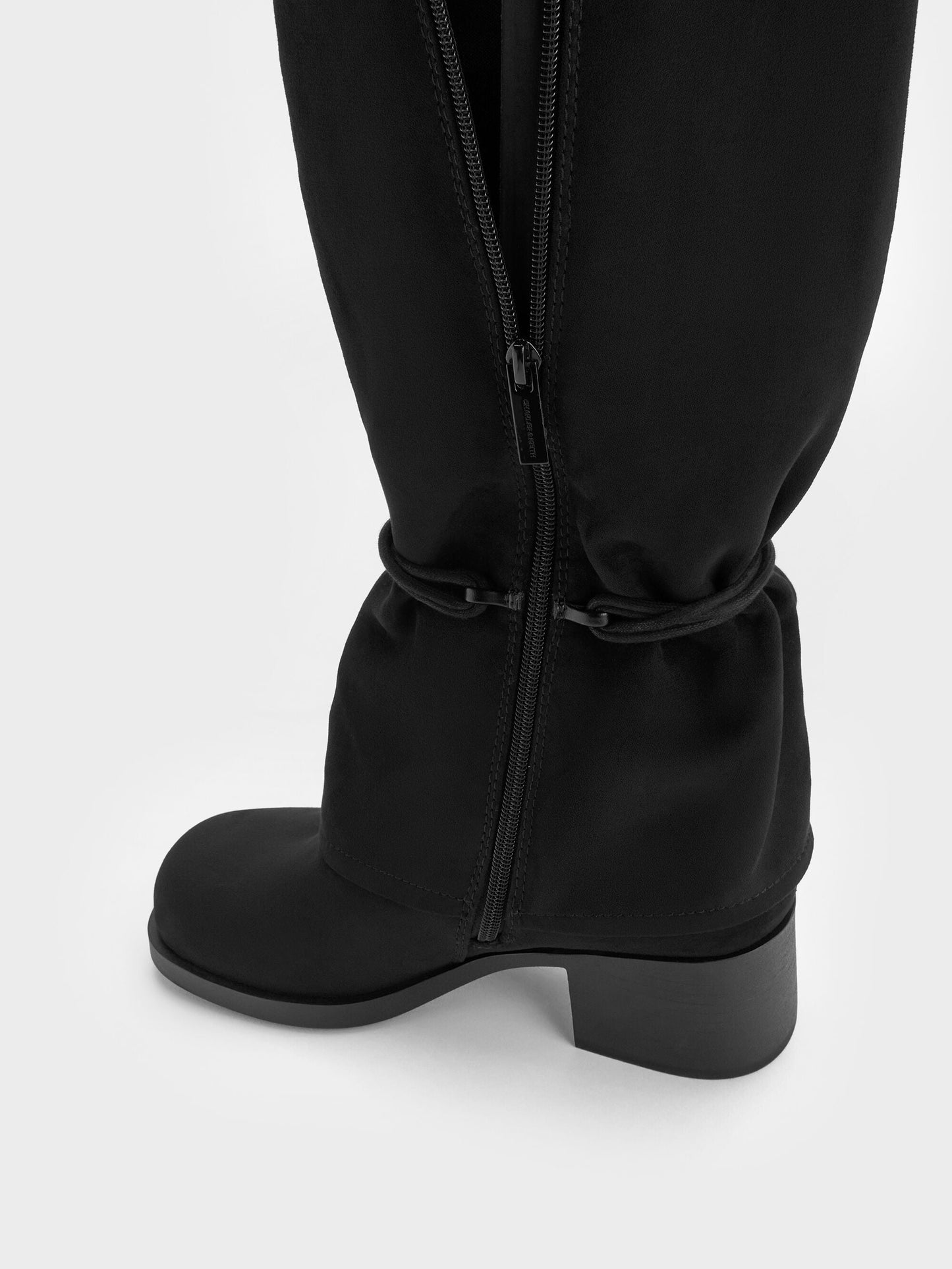Faux Suede Tie-Around Knee-High Boots - Black Textured | CHARLES & KEITH