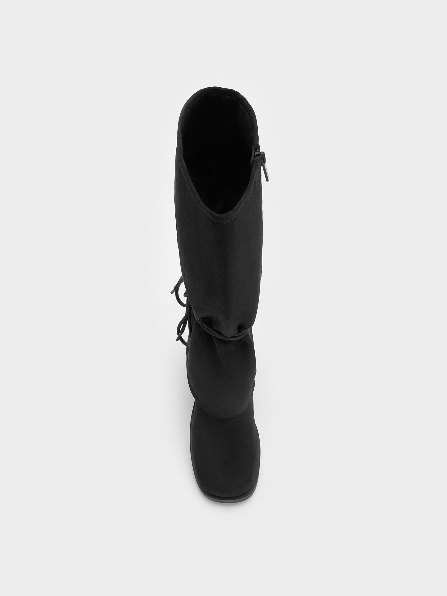 Faux Suede Tie-Around Knee-High Boots - Black Textured | CHARLES & KEITH