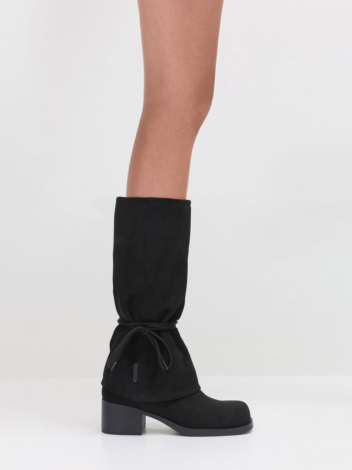 Faux Suede Tie-Around Knee-High Boots - Black Textured | CHARLES & KEITH