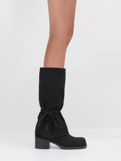 Faux Suede Tie-Around Knee-High Boots - Black Textured | CHARLES & KEITH