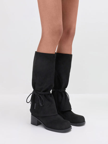 Faux Suede Tie-Around Knee-High Boots - Black Textured | CHARLES & KEITH