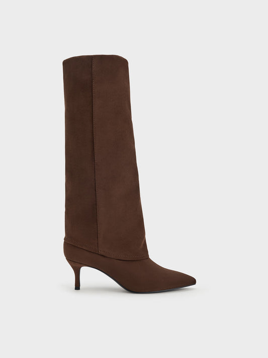 Faux Suede Pointed Stiletto Knee-High Boots - Dark Brown Textured | CHARLES & KEITH