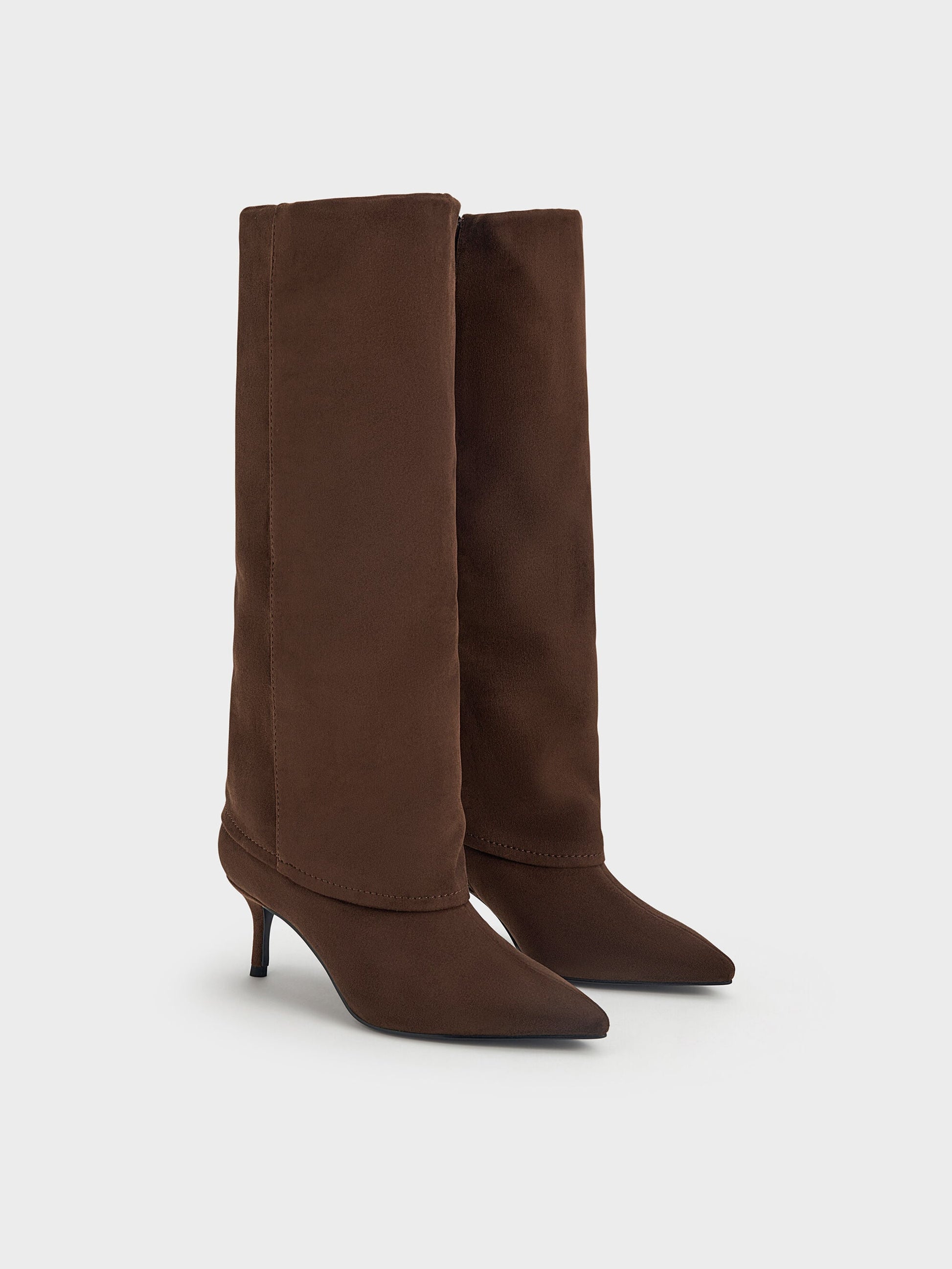 Faux Suede Pointed Stiletto Knee-High Boots - Dark Brown Textured | CHARLES & KEITH