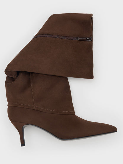 Faux Suede Pointed Stiletto Knee-High Boots - Dark Brown Textured | CHARLES & KEITH