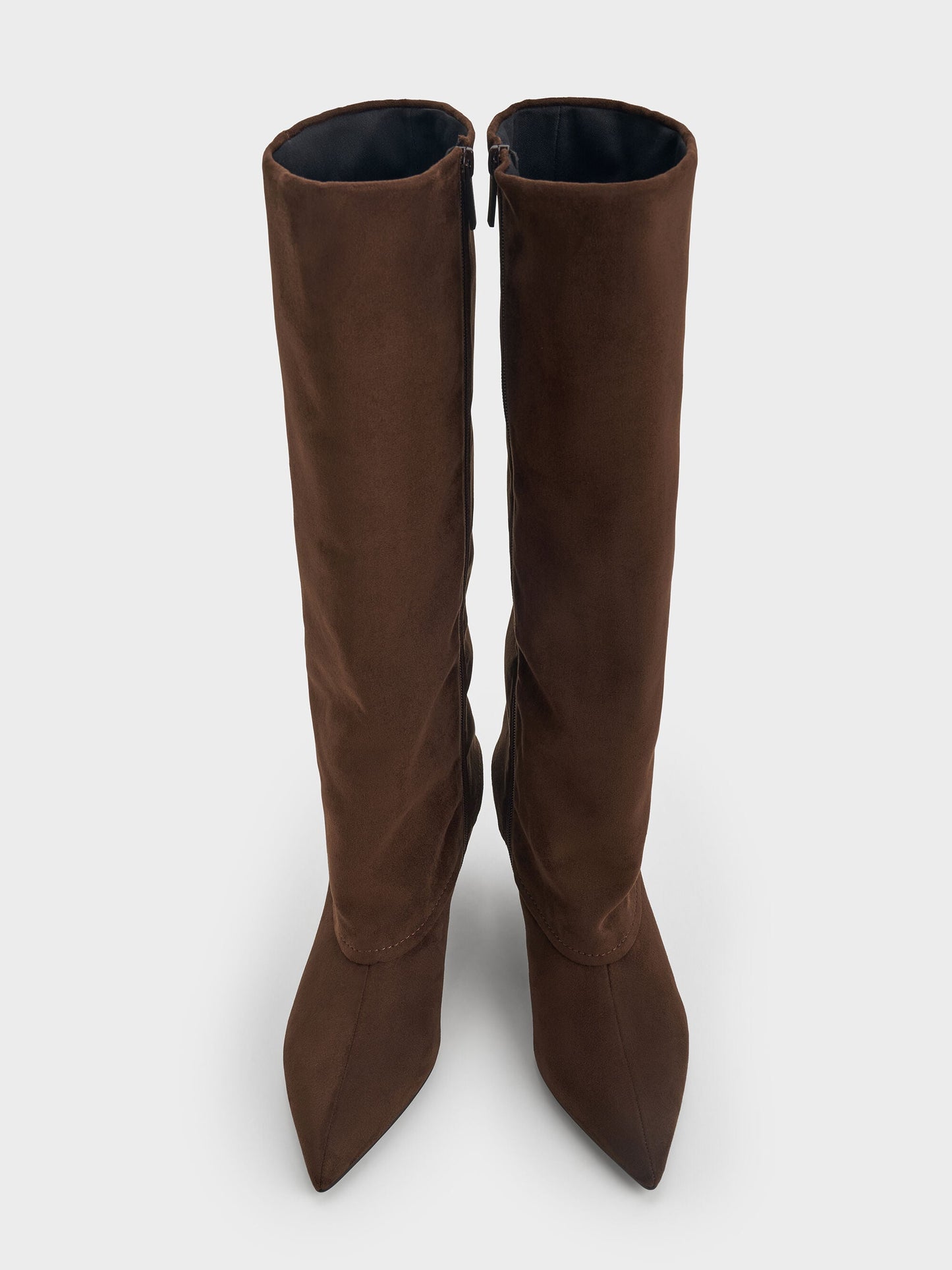 Faux Suede Pointed Stiletto Knee-High Boots - Dark Brown Textured | CHARLES & KEITH