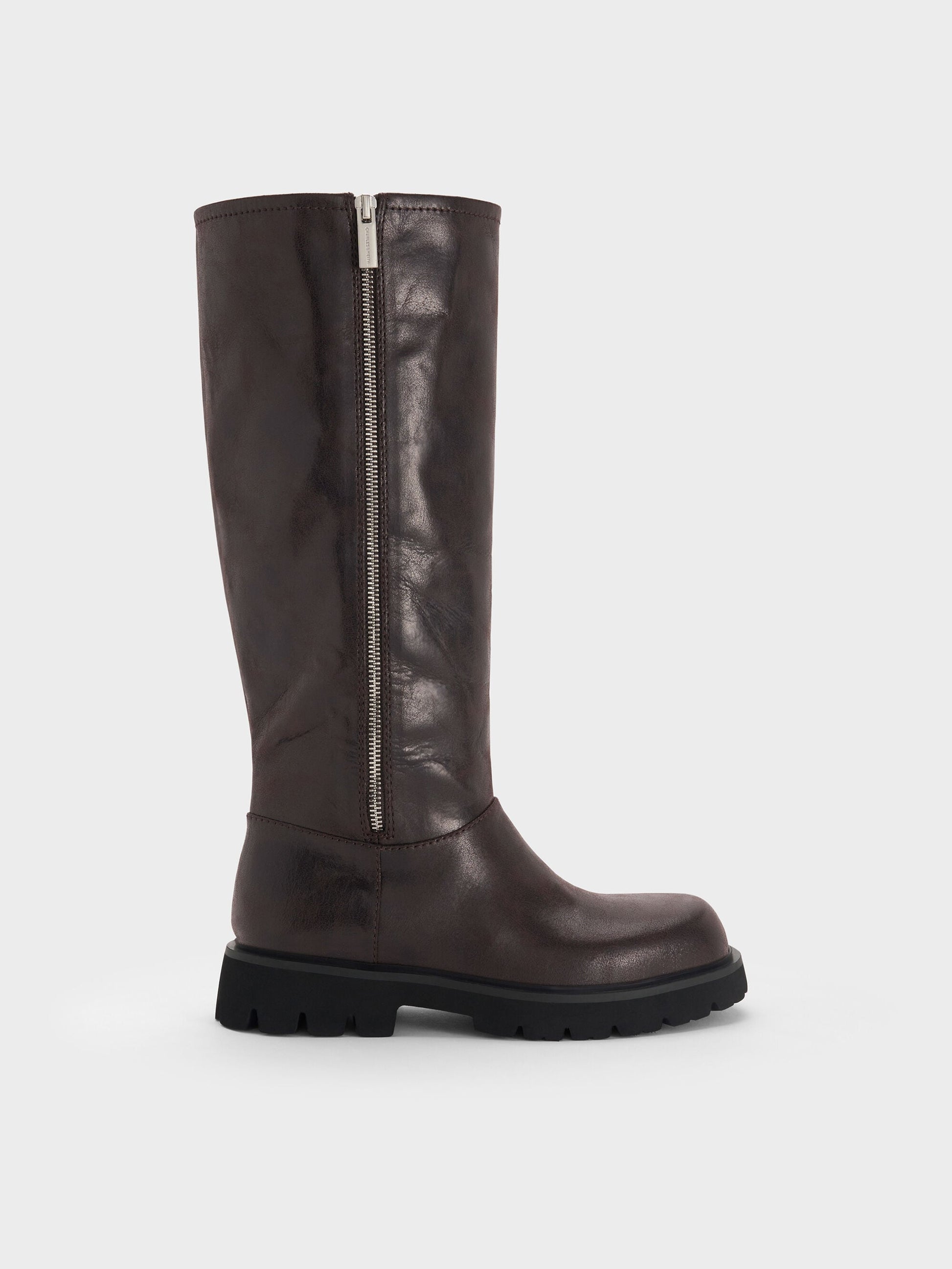 Rosamond Knee-High Boots - Dark Brown Textured | CHARLES & KEITH