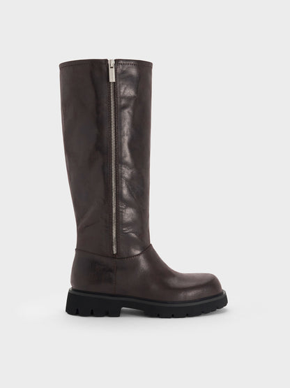 Rosamond Knee-High Boots - Dark Brown Textured | CHARLES & KEITH