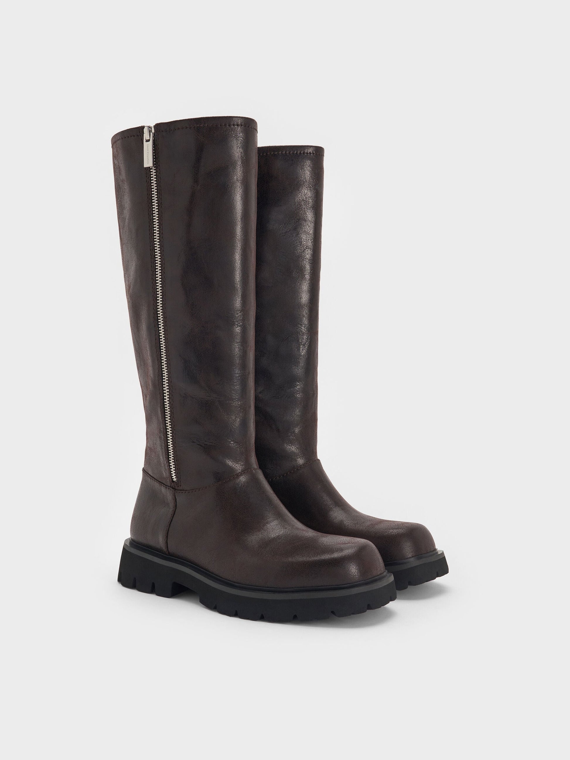 Rosamond Knee-High Boots - Dark Brown Textured | CHARLES & KEITH