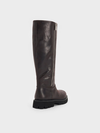 Rosamond Knee-High Boots - Dark Brown Textured | CHARLES & KEITH