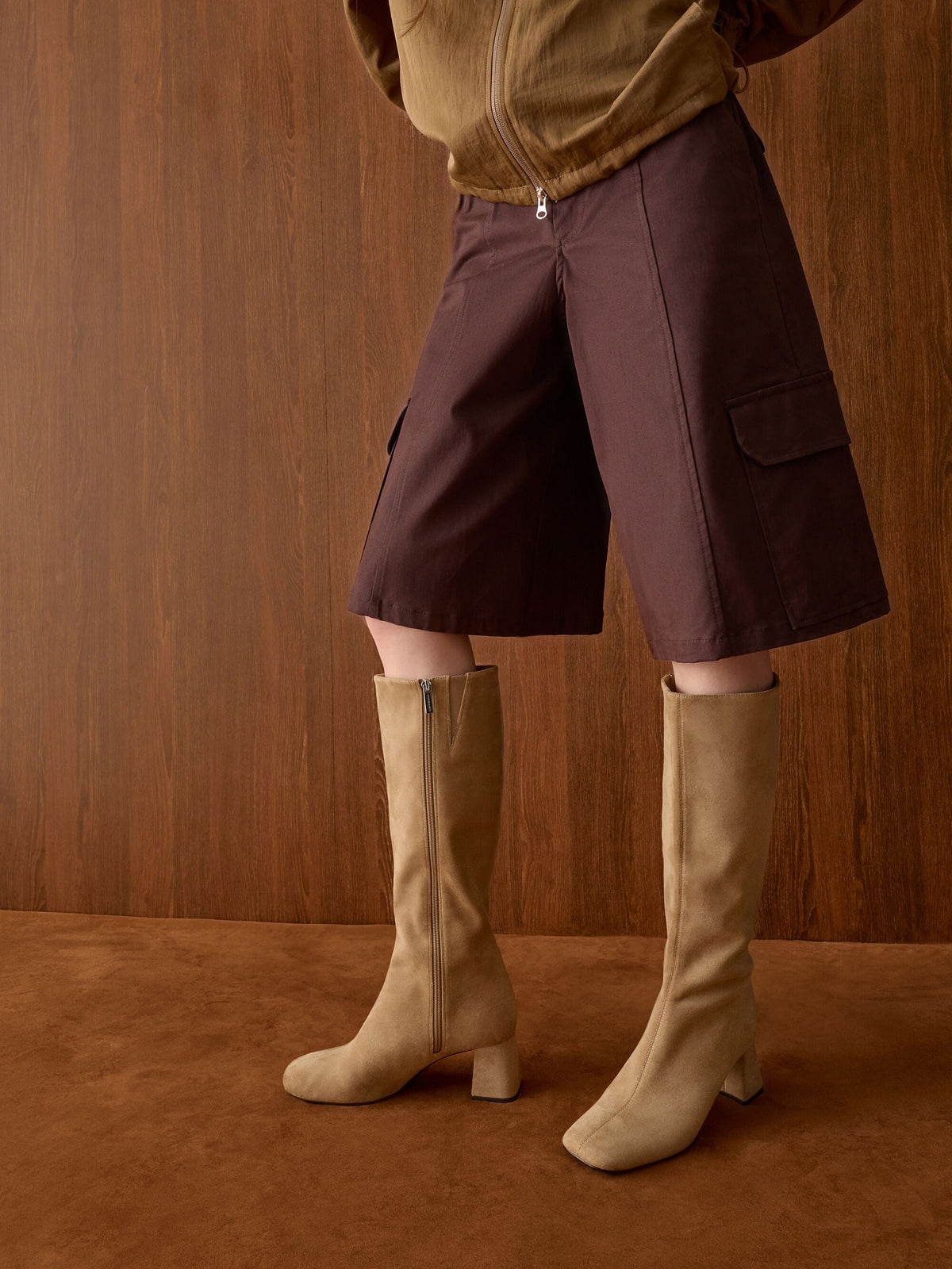 Faux Suede Square-Toe Knee-High Boots - Sand | CHARLES & KEITH