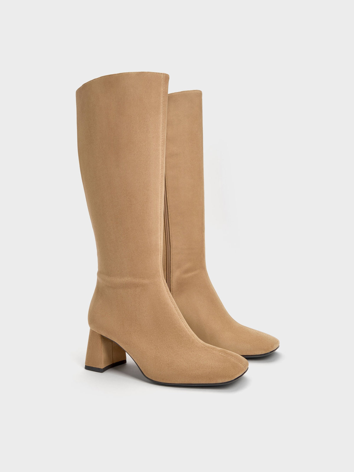 Faux Suede Square-Toe Knee-High Boots - Sand | CHARLES & KEITH