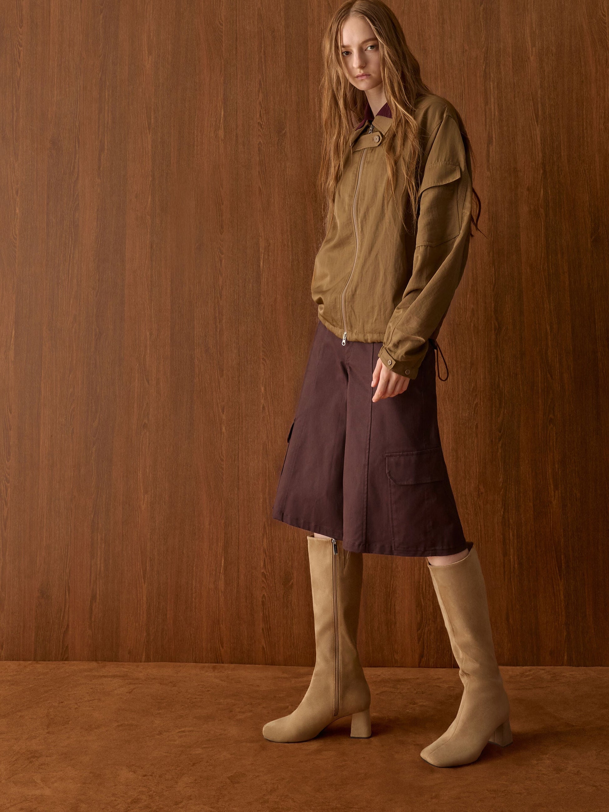 Faux Suede Square-Toe Knee-High Boots - Sand | CHARLES & KEITH