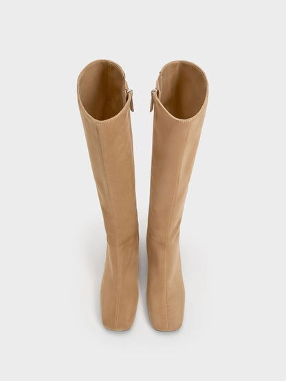 Faux Suede Square-Toe Knee-High Boots - Sand | CHARLES & KEITH