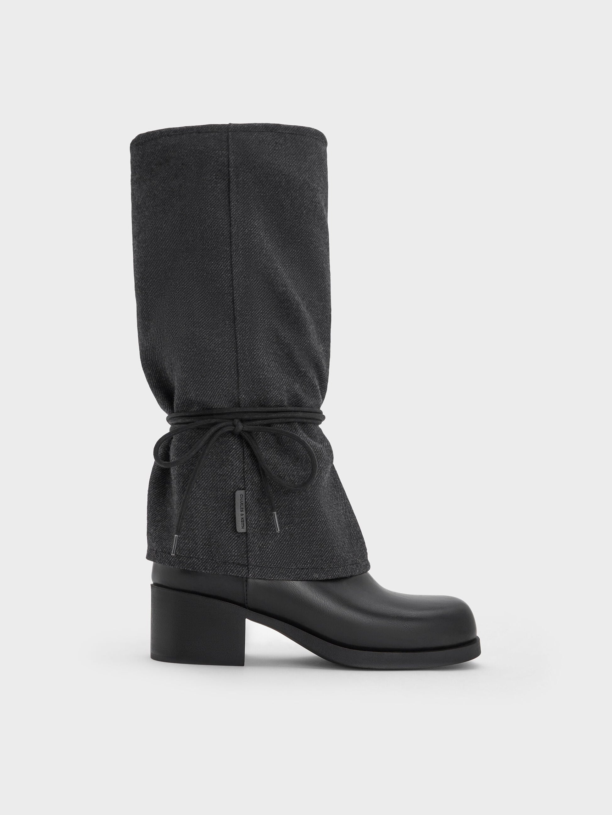 Felt Tie-Around Knee-High Boots - Dark Grey | CHARLES & KEITH
