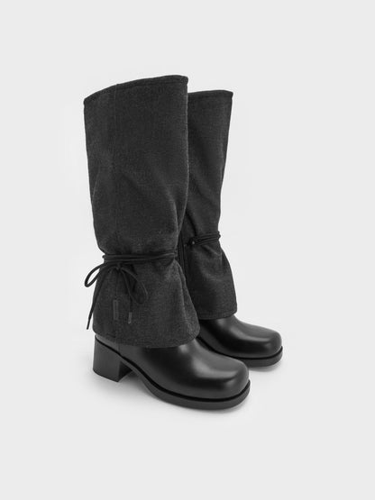 Felt Tie-Around Knee-High Boots - Dark Grey | CHARLES & KEITH