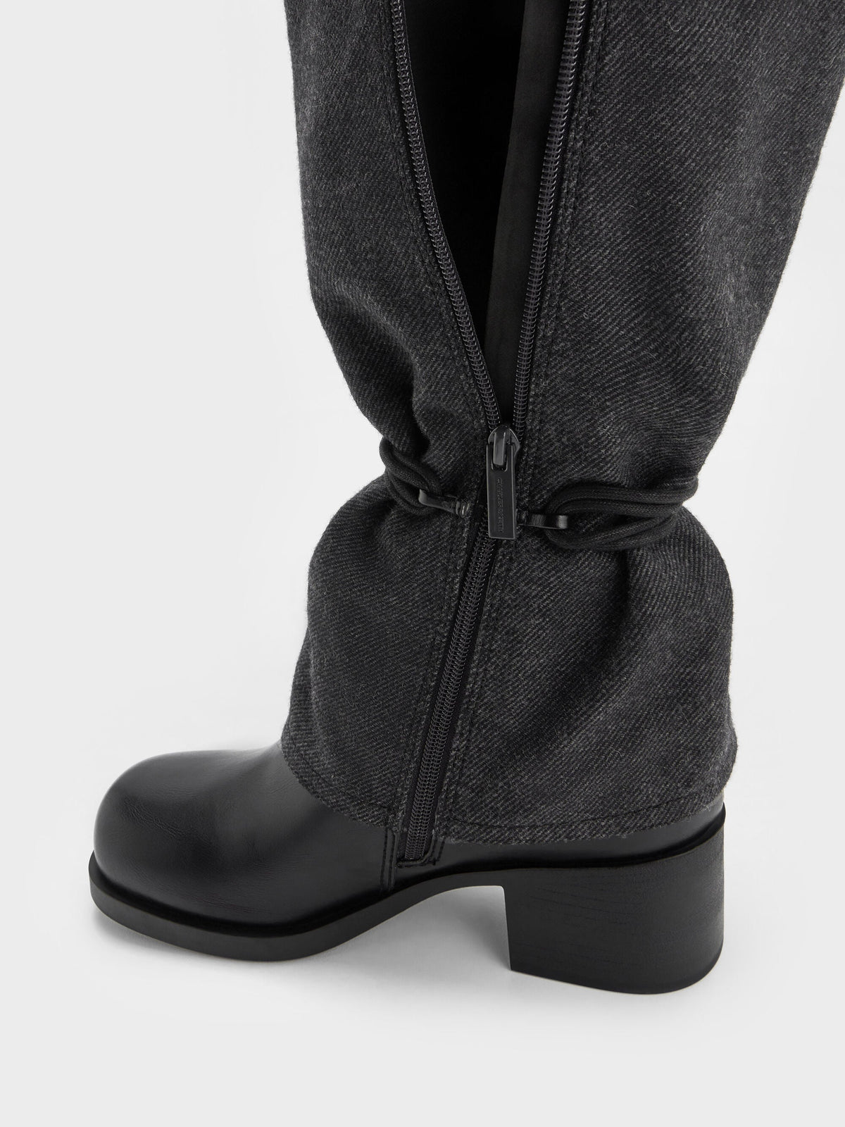 Felt Tie-Around Knee-High Boots - Dark Grey | CHARLES & KEITH