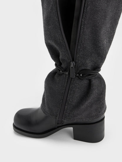 Felt Tie-Around Knee-High Boots - Dark Grey | CHARLES & KEITH
