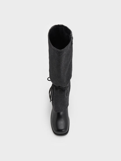 Felt Tie-Around Knee-High Boots - Dark Grey | CHARLES & KEITH