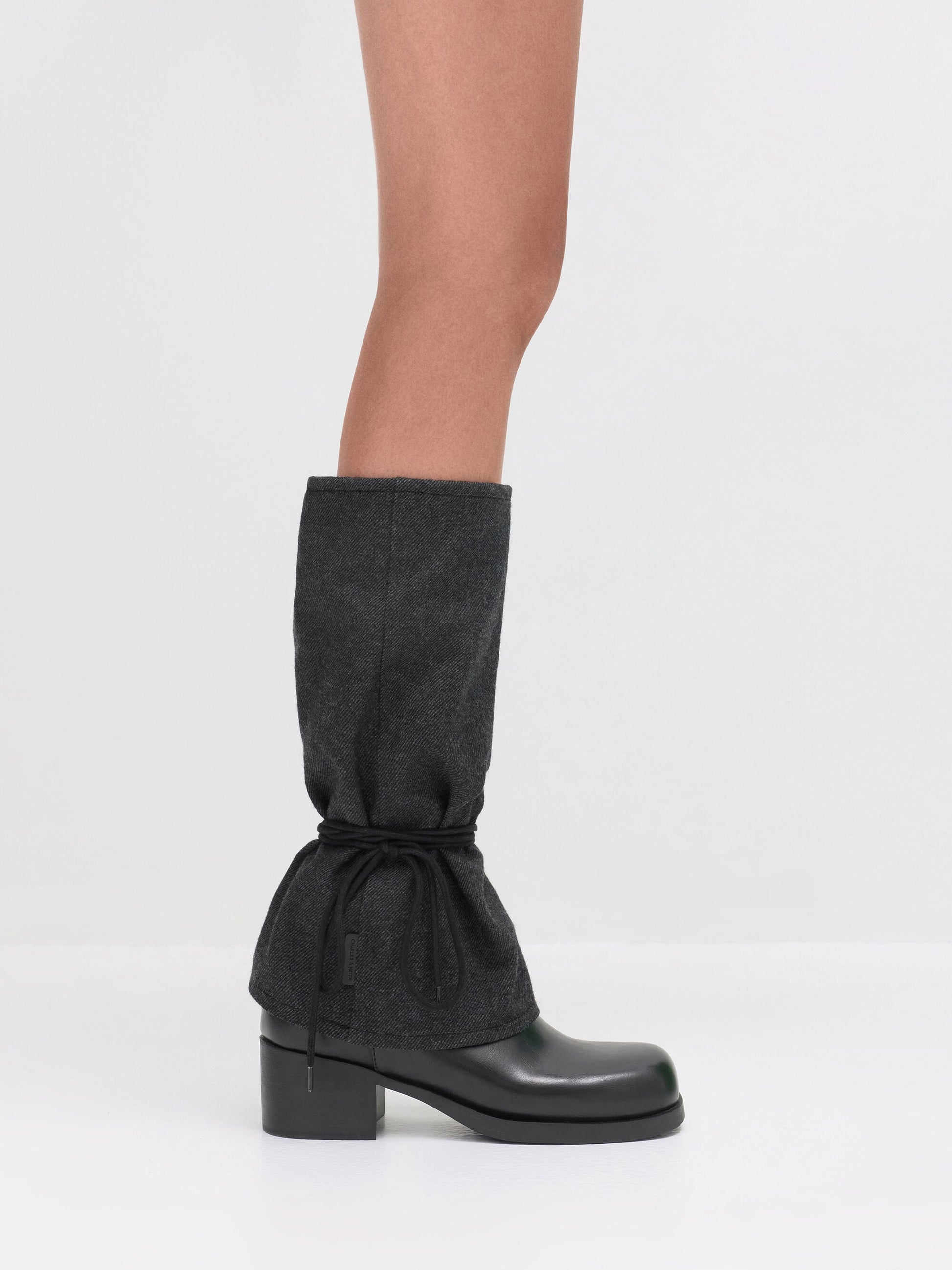 Felt Tie-Around Knee-High Boots - Dark Grey | CHARLES & KEITH