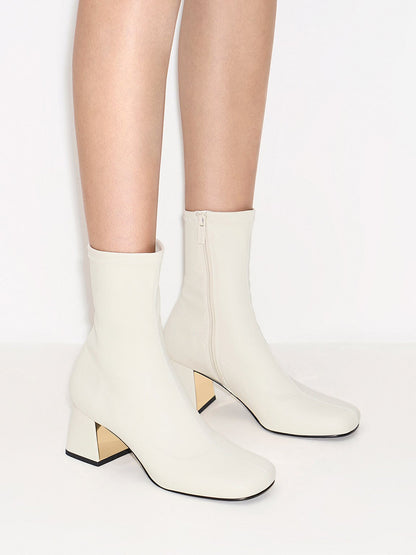 Jully Metallic Trapeze Heel Ankle Boots - Chalk | CHARLES & KEITH