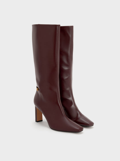 Georgina Leather Knee-High Boots - Burgundy | CHARLES & KEITH