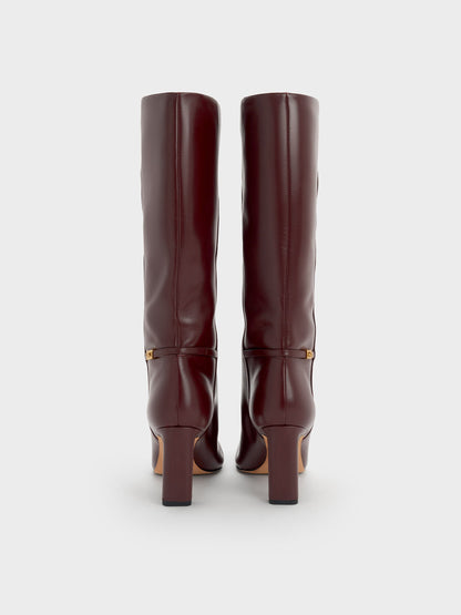 Georgina Leather Knee-High Boots - Burgundy | CHARLES & KEITH