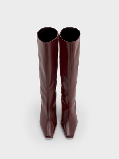 Georgina Leather Knee-High Boots - Burgundy | CHARLES & KEITH