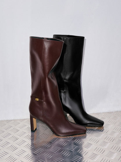 Georgina Leather Knee-High Boots - Burgundy | CHARLES & KEITH
